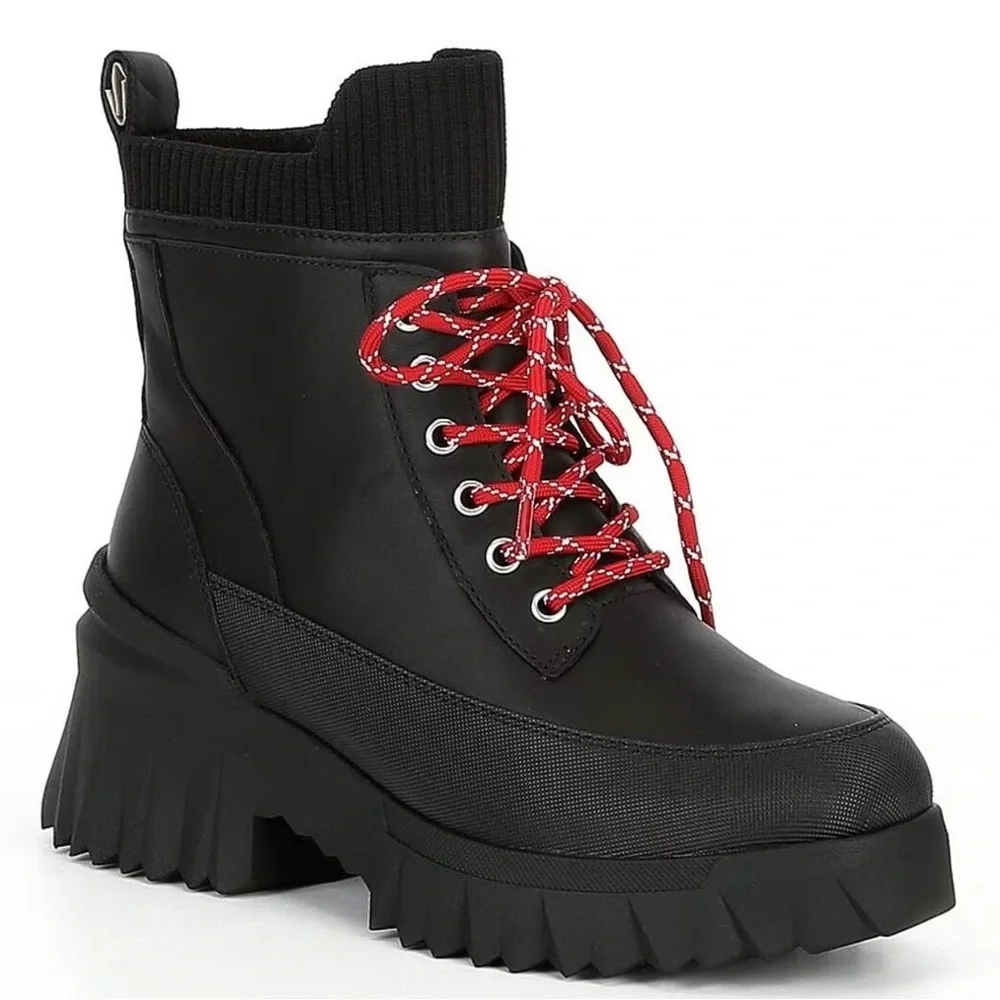 Nurture Whitney Water Resistant Leather Lace-Up Black Lug‎ Sole Platform Boots
